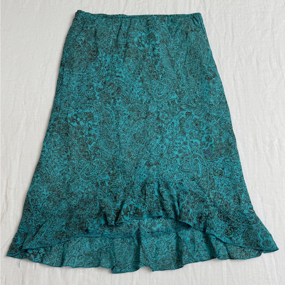 Vintage Y2K 90’s Asymmetrical Ruffle Hem Lapis Blue Floral Print Skirt Size M